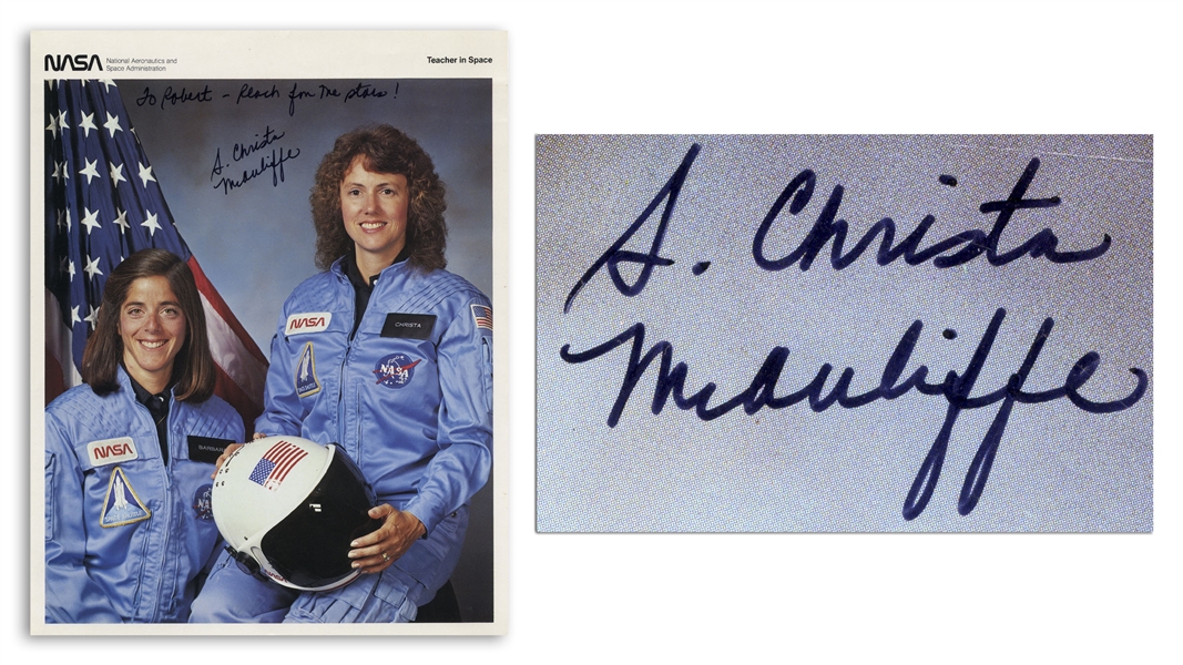 Christa McAuliffe 8'' x 10'' Photo Signed on 27 January 1986, a Day Before the Space Shuttle Challenger Disaster -- McAuliffe Poignantly Writes ''Reach for the stars!''
